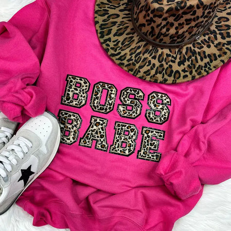 Leopard Chenille Embroidered Patch Boss Babe Crewneck